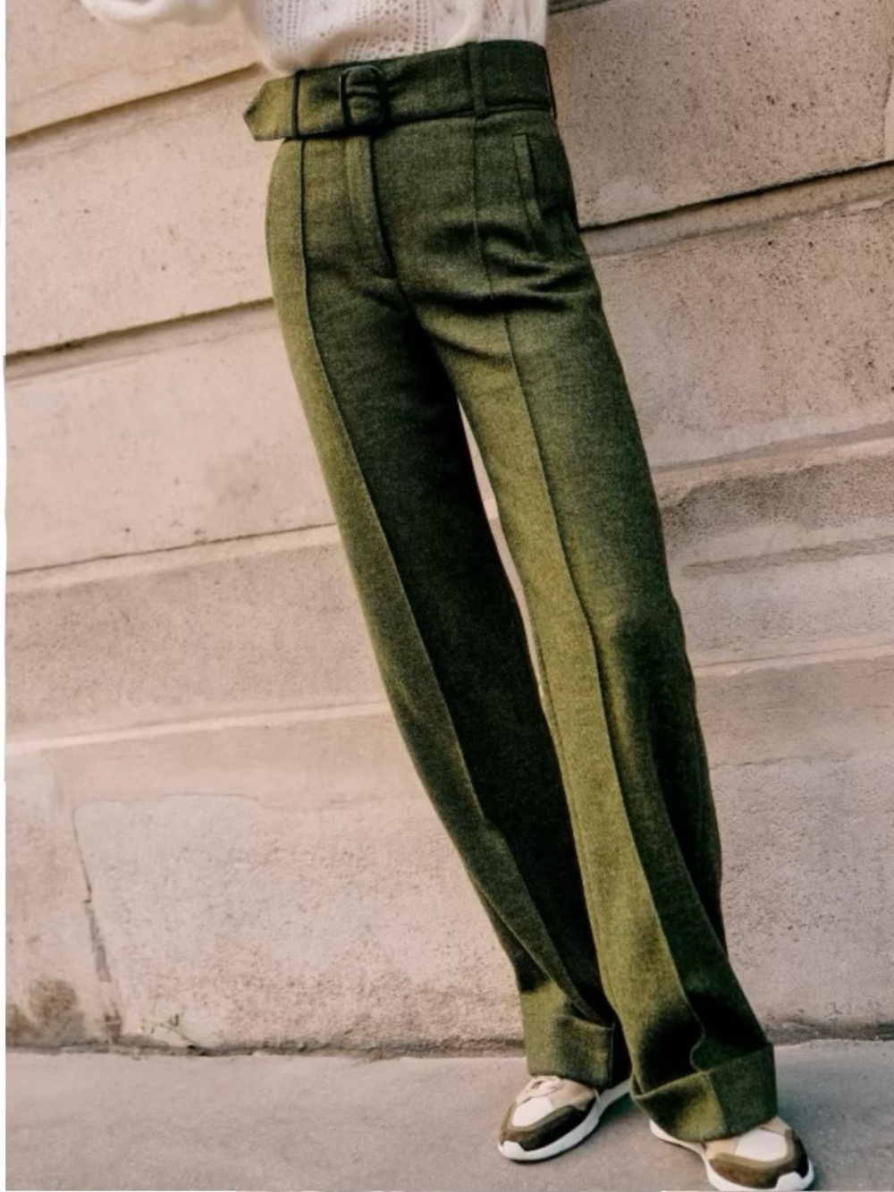 Sezane Lukas Trousers High-Waist Belted Wide-Leg Wool Olive Green Size 42 US 10